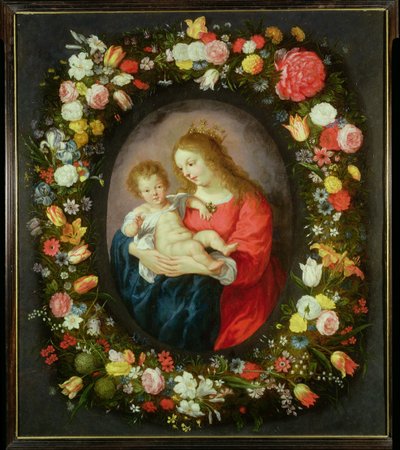 Madonna y Niño en una Guirnalda de Flores de Vincent Sellaer